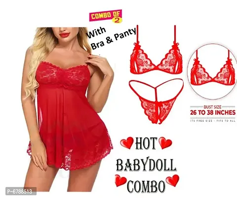 Hot Women Baby Doll Night Dress with Lingerie Set Red free Size (28 to 36)Inch
