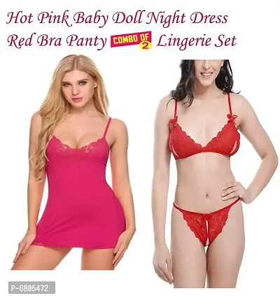 Hot Pink Women Baby Doll Night Dress With Red Bra Panty Lingerie Set Free Size (28 to 36) Inch