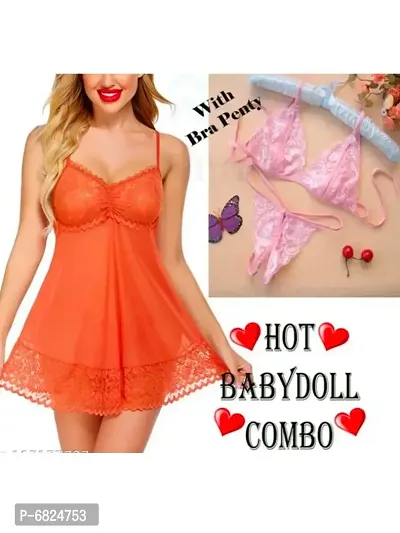 Short transparent nighty for Orange women Babydoll night Dress lingerie with panty Free Size (28 to 36)inch-thumb0