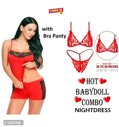 Stylish Soft perfect stylish set for every hot night sexy babydoll night dress Sleepwear nighty dress Red Color with Bra Panty Set Free Size(28 to 36)inch