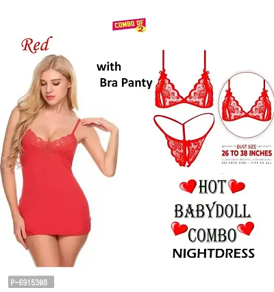 Stylish Soft perfect set for every hot night sexy babydoll night dress Sleepwear nighty dress Red Color with Bra Panty Set Free Size(28 to 36)inch-thumb0