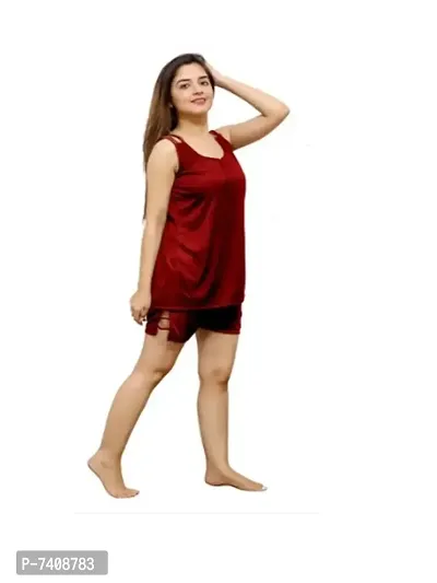 Trendy Fashionable Women  Girls Nightsuits Nightdress Top  Shorts Maroon Free Size (28 to 36)Inch-thumb0