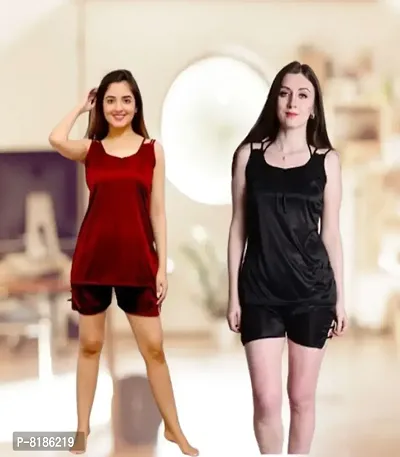 Trendy Stylish  Comfortable Women Nightdresses Nightsuit Girls Top  Shorts Black  MaroInch-thumb0