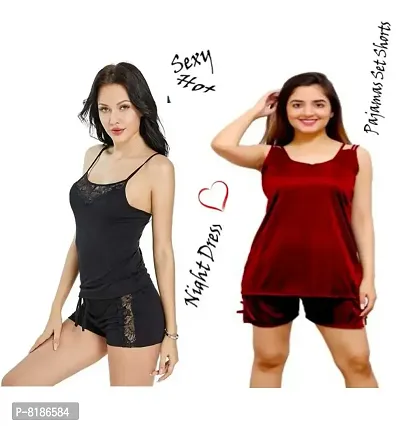 Stylish  Comfortable Women Nightdresses Nightsuit Girls Top  Shorts Black  Maroon Free Size (28 to 36)Inch-thumb0