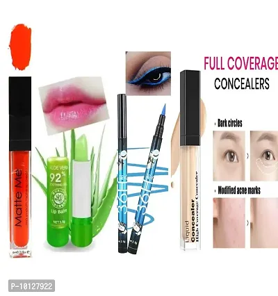 Makeup Beauty Waterproof Orange Liquid Matte Lipstick,Alovera Pink Magic Lip Balm, Blue Eyeliner, Concealer Combo 4-thumb0