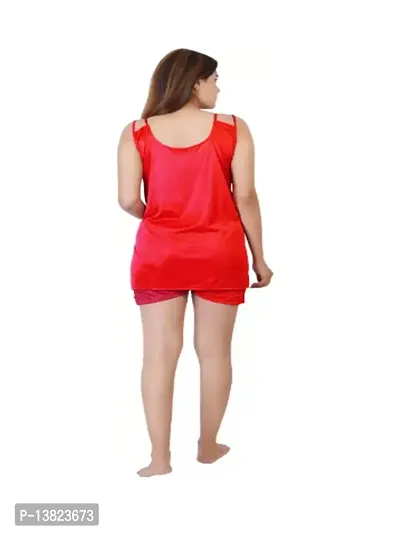 Trendy Satin Women  Girls Nightsuits Nightdress| Women Night Dress| Top  Shorts Pajama Red Free Size(28 to 36) Inch-thumb2