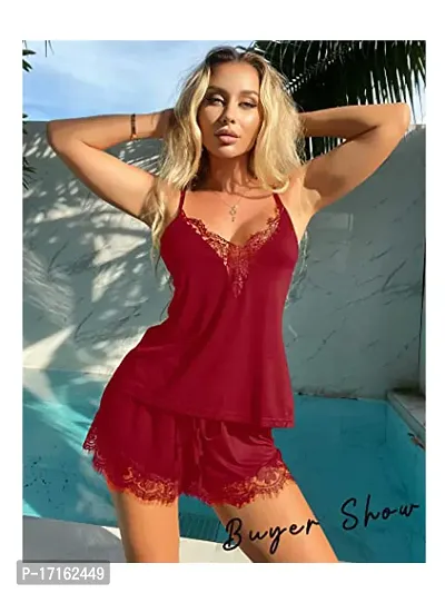 Trendy Women Lycra Pajama Set Lace Short Pajama Set Modal V Neck|Women Night Suit Maroon Free Size(28 to 36) Inch-thumb0