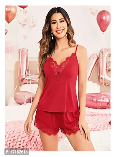Trendy Women Lycra Pajama Set Lace Short Pajama Set Modal V Neck|Women Night Suit Red Free Size(28 to 36) Inch