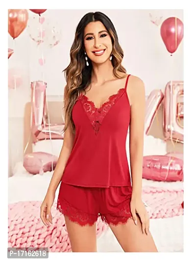 Trendy Women Lycra Pajama Set Lace Short Pajama Set Modal V Neck|Women Night Suit Red Free Size(28 to 36) Inch-thumb0