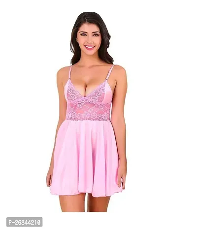 Women Satin Babydoll Sexy Night Dress Semi Transparent Pink Free Size (28 to 36)inch