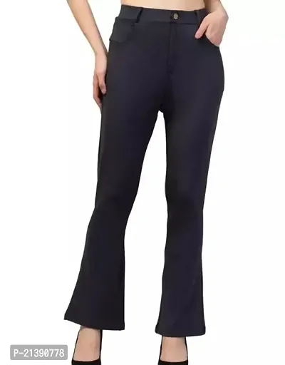 Elegant Navy Blue Lycra Solid Trousers For Women-thumb0