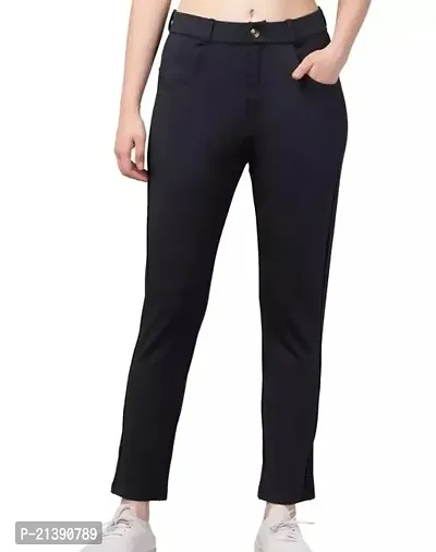 Elegant Black Cotton Lycra Solid Trousers For Women