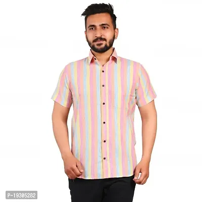 Elegant Multicoloured Cotton Short Sleeves Striped Casual Shirts For Men