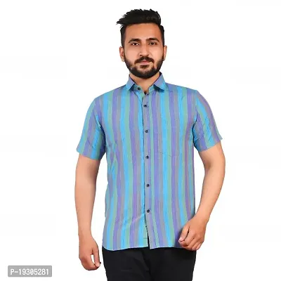 Elegant Multicoloured Cotton Short Sleeves Striped Casual Shirts For Men-thumb0