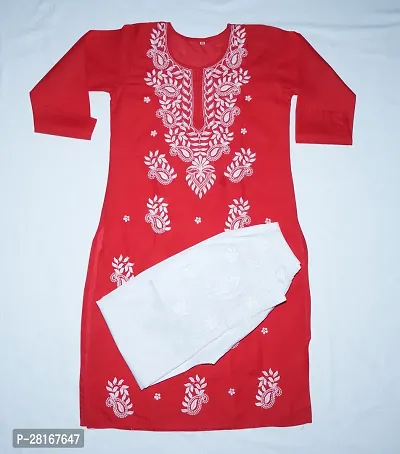 Pure Cotton LUCKNOWI Chikankari Sets Red KURTI With Pure Cotton White Ladies Pant-thumb0