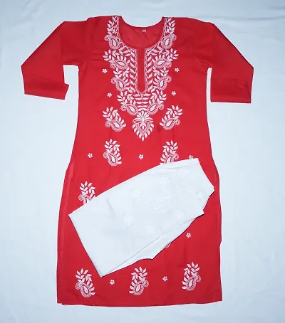Pure Cotton LUCKNOWI Chikankari Sets Red KURTI With Pure Cotton White Ladies Pant
