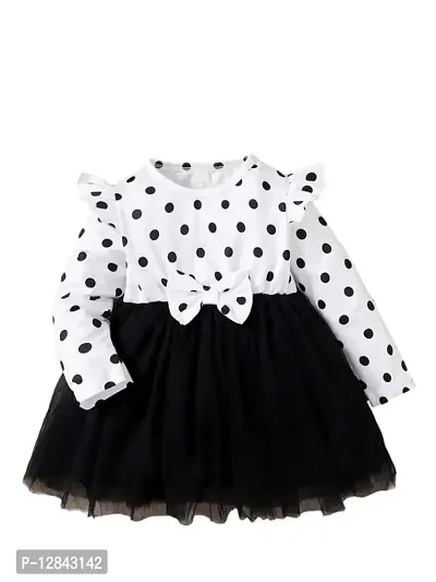 OMLI Baby Polka Dot Print Ruffle Trim Bow Front Mesh Hem Dress (Black, 6-12 Months)