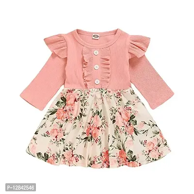 OMLI Baby Girl Dress Toddler Dress Long Sleeve Infant Casual Dress Ruffle Bow Print Clothes Spring Autumn Baby Girls Clothing (Peach, 2-3 Years)