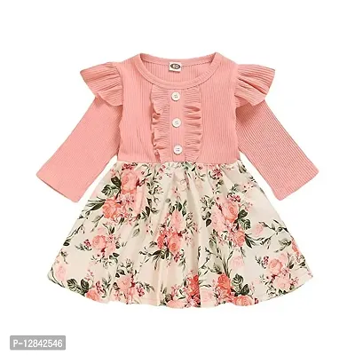 OMLI Baby Girl Dress Toddler Dress Long Sleeve Infant Casual Dress Ruffle Bow Print Clothes Spring Autumn Baby Girls Clothing (Peach, 2-3 Years)-thumb0