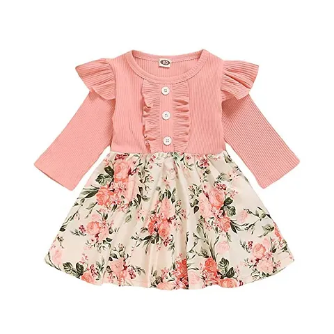 OMLI Baby Girl Dress Toddler Dress Long Sleeve Infant Casual Dress Ruffle Bow Print Clothes Spring Autumn Baby Girls Clothing (Peach, 2-3 Years)