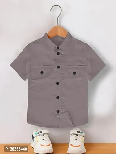 Kids Boys Shirt Grey Cotton Blend Solid-thumb0