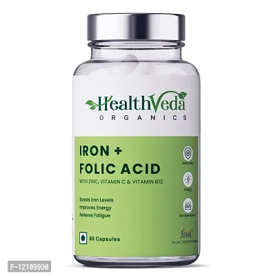 Health Veda Organics Iron + Folic Acid Supplement with Zinc, Vitamin C  Vitamin B12 | 60 Veg Capsules | Supports Blood Building, Immunity and Energy | Enhances Iron Absorption| For Both Men  Women-thumb0