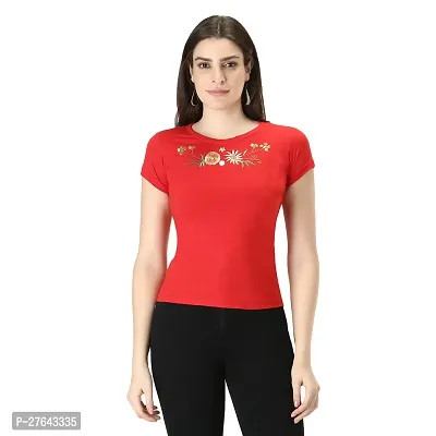Uniqlive Women Embroidered Top | Cotton Embroidered T-Shirt Top's | Red  Black Top for Girls