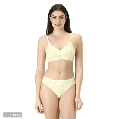 Stylish Yellow Cotton Blend Printed Bra And Panty Set For Women