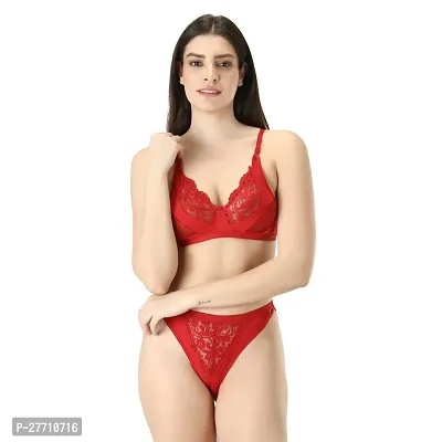 Stylish Red Cotton Blend Bra And Panty Set For Women