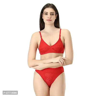 Stylish Red Cotton Blend Bra And Panty Set For Women