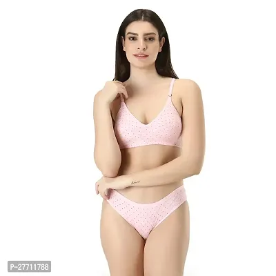 Stylish Pink Cotton Blend Printed Bra And Panty Set For Women