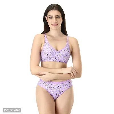 Stylish Purple Cotton Blend Printed Bra And Panty Set For Women