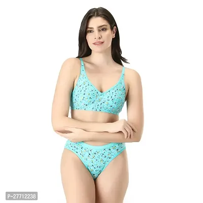 Stylish Green Cotton Blend Printed Bra And Panty Set For Women