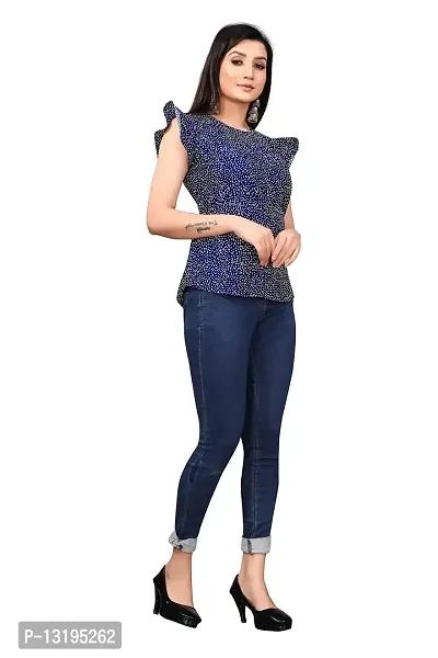 Party Flared Sleeves Printed Women Blue Top (X-Large, Blue)-thumb5