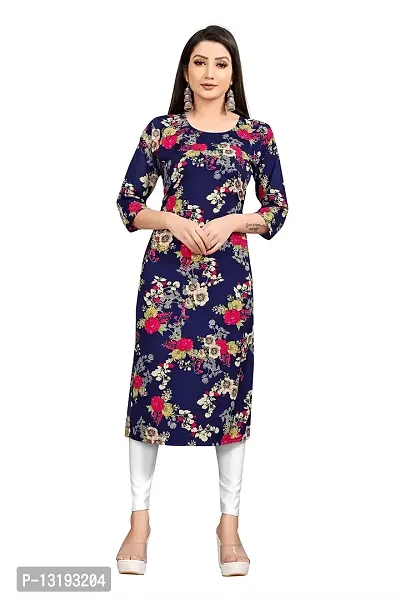 Women Stitched Floral Print Crepe Straight Kurti (Blue Multicolor)-thumb0