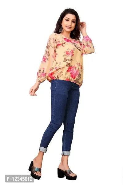 Casual Puff Sleeves Printed Women Pink Top-thumb5