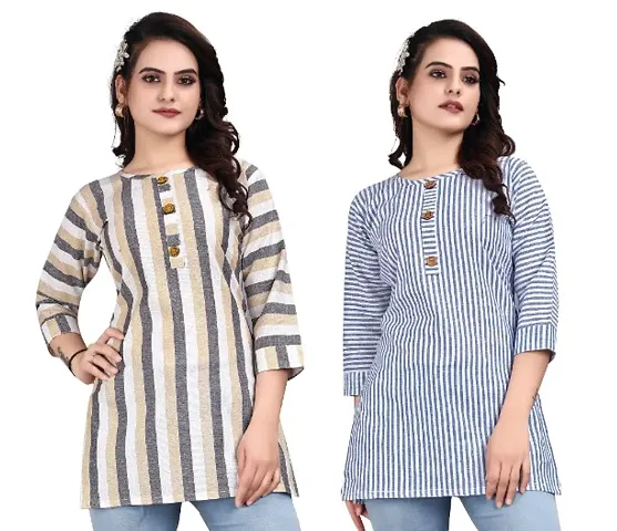 Pack of 2 Women Striped Khadi Cotton Straight Long Tops