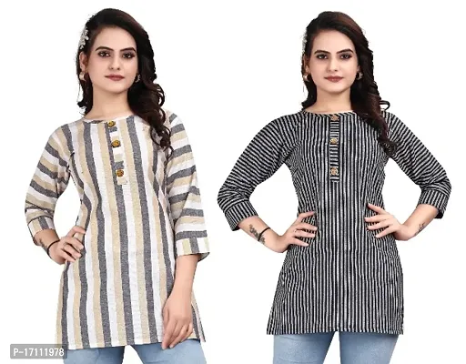 Pack of 2 Women Striped Khadi Cotton Straight Long Tops-thumb0