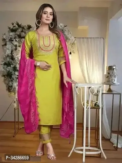 Beautiful Rayon Yellow Embroidered Kurta Pant And Dupatta Set For Women-thumb0