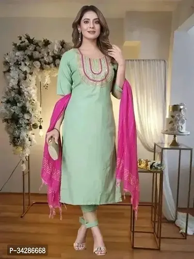 Beautiful Rayon Green Embroidered Kurta Pant And Dupatta Set For Women-thumb0