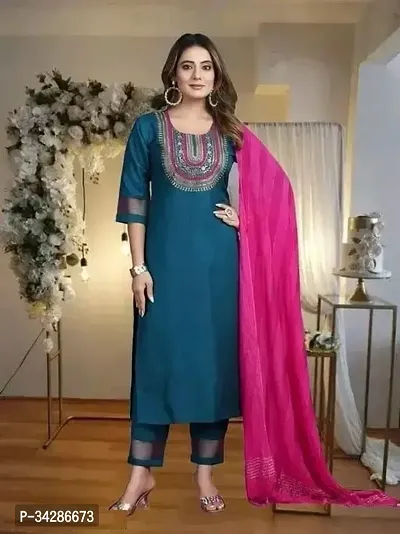 Beautiful Rayon Blue Embroidered Kurta Pant And Dupatta Set For Women-thumb0