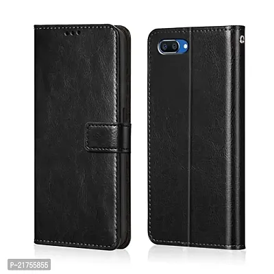 KD Mobile Oppo A3s / Realme C1  Flip Back Cover Case | Dual-Stiched Leather Finish | Inbuilt Stand  Pockets | Wallet Style Flip Case  (Black) (Please check your phone model before buying