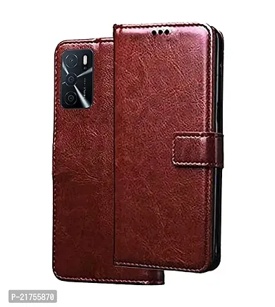 KD Mobile Oppo A16 / A55 / A53s /A74 5g Flip Back Cover Case | Dual-Stiched Leather Finish | Inbuilt Stand  Pockets | Wallet Style Flip Case (Brown) (Please check your phone model before buying)-thumb0