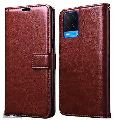KD Mobile Oppo A54 Flip Case | Premium Leather Finish Flip Cover | with Card Pockets | Wallet Stand |Complete Protection Flip Cover for Oppo A54 - Browna