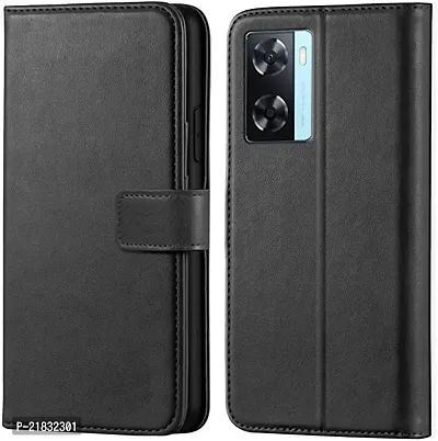 KDM Oppo A57/A77/A77S 2022 Flip Cover Proection Holding Cover Mobile Basic Case Cover Leather Folding Cover - Black
