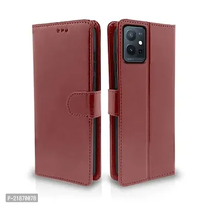 KDM Vivo T1 5G / Vivo Y75 5G/ iQOO Z6 5G Flip Back Cover Case | Dual-Stiched Leather Finish | Inbuilt Stand  Pockets | Wallet Style Flip Case (Brown) (Please check your phone model before buying)-thumb0