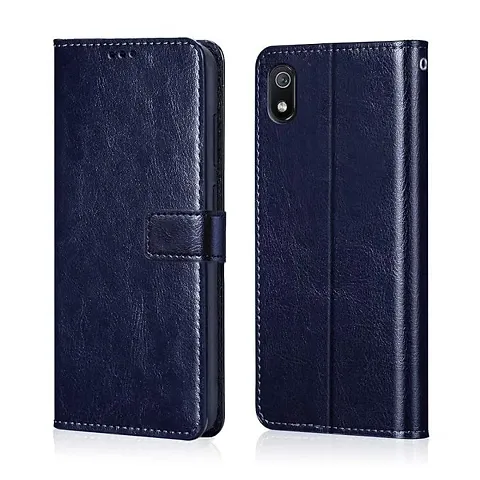 KDM Mi Redmi 7A Flip Case Leather Finish | Inside TPU with Card Pockets | Wallet Stand and Shock Proof | Magnetic Closing | Complete Protection Flip Cover for Mi Redmi 7A (Blue)