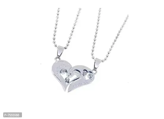 Valentine Special Silver Broken Two Half Heart Shape Love Pendant Locket Necklace Chain Jewellery for Lovers/Couples Stainless Steel-thumb0