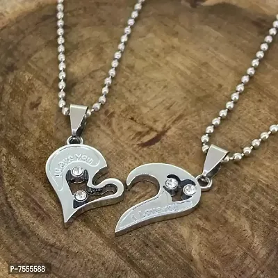 Valentine Special Silver Broken Two Half Heart Shape Love Pendant Locket Necklace Chain Jewellery for Lovers/Couples Stainless Steel-thumb2
