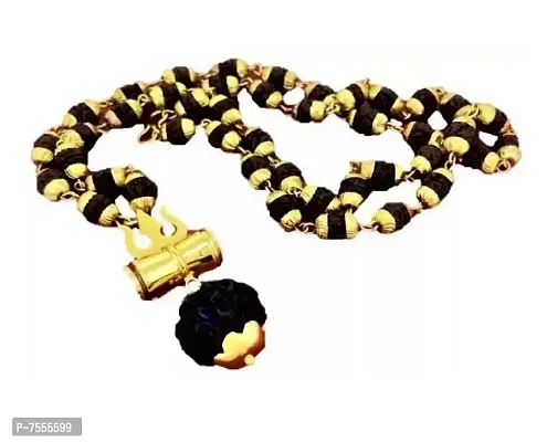 Original Natural 5 Mukhi Black Rudraksha Golden Cap Mala with Damru Shiv Shakti Locket For men and women-thumb0